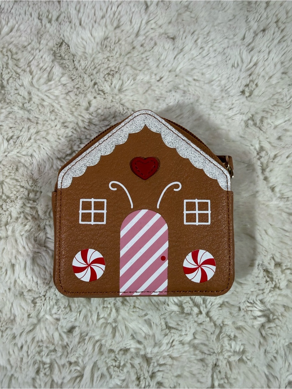LC Lauren Conrad Brown Gingerbread House Coin Purse with Pink and Red Accents